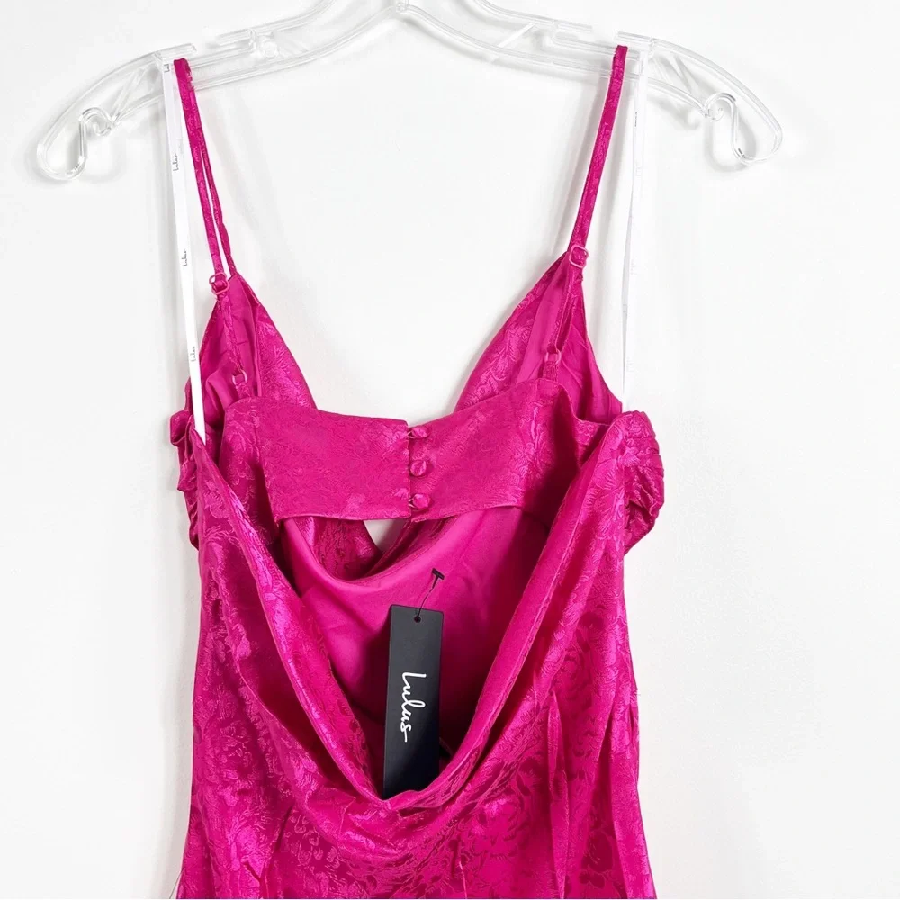 Lulus Stunning Radiance Hot Pink Satin Jacquard Cowl Midi Dress Size Medium NWT - Picture 8 of 8